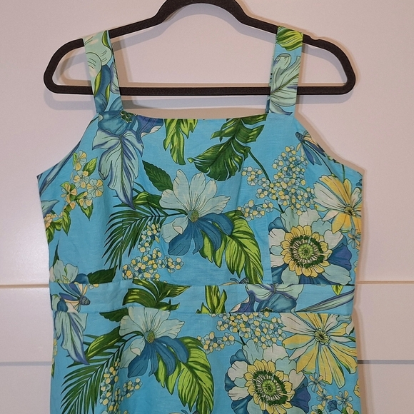 Talbots Petite Linen Tropical Botanical Midi Dress Sleevels Lined Blue Green 16P - Picture 3 of 16